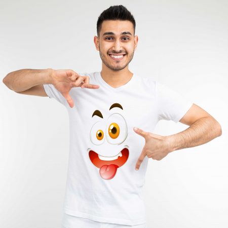 guy shows a mockup on his white t-shirt on a white background.